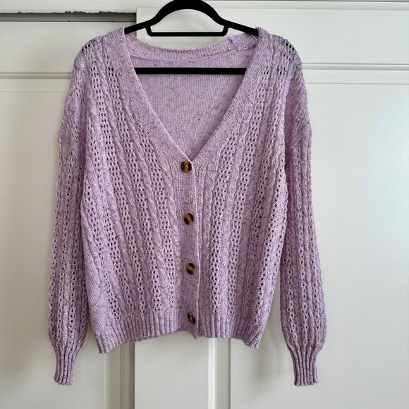 Lilac Purple Pointelle Knit Drop Shoulder Cardigan Sweater 0X - Picture 1 of 8